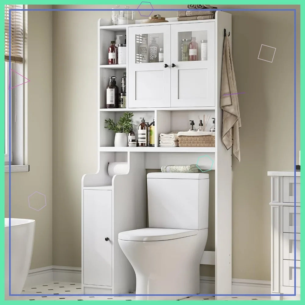 Over Toilet Storage Cabinet with Glass Doors, Bathroom Organizer with Adjustable Shelves