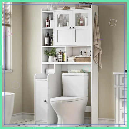 Over Toilet Storage Cabinet with Glass Doors, Bathroom Organizer with Adjustable Shelves