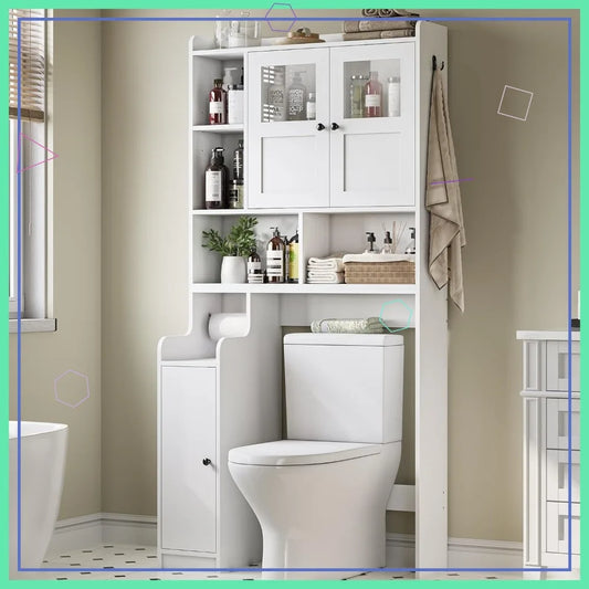 Over Toilet Storage Cabinet with Glass Doors, Bathroom Organizer with Adjustable Shelves