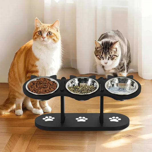 Elevated Cat Bowls 15° Tilted with Wooden Stand