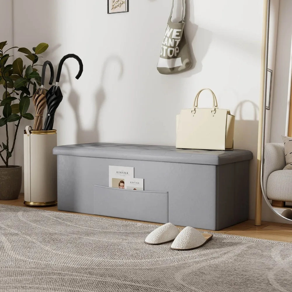Folding Storage Ottoman Bench with Side Pocket Storage Chest