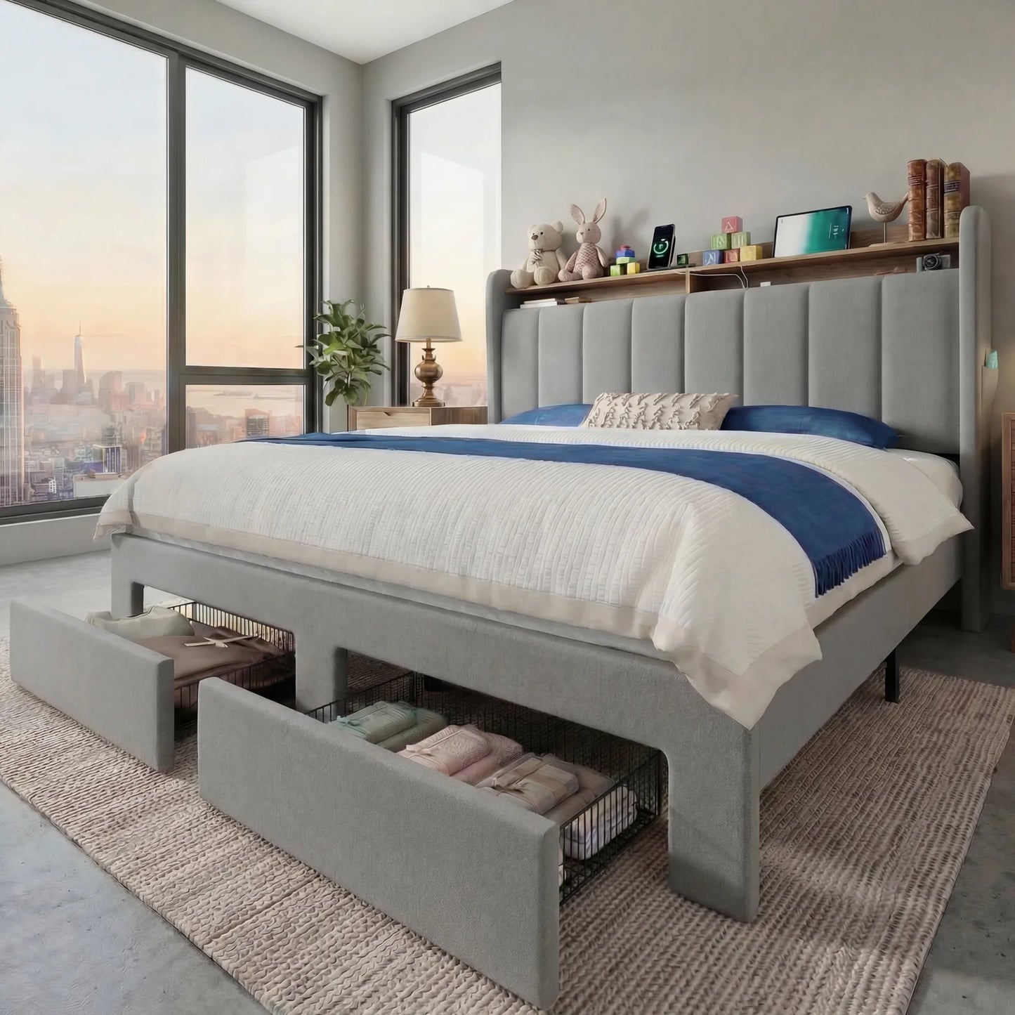 Bed Frame, 2 Storage Drawers/2-Tier Shelves with LED Lights & Charging Station