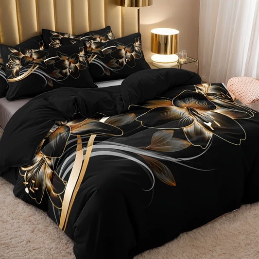 3pcs Polyester Golden Floral Pattern Quilt Cover Set