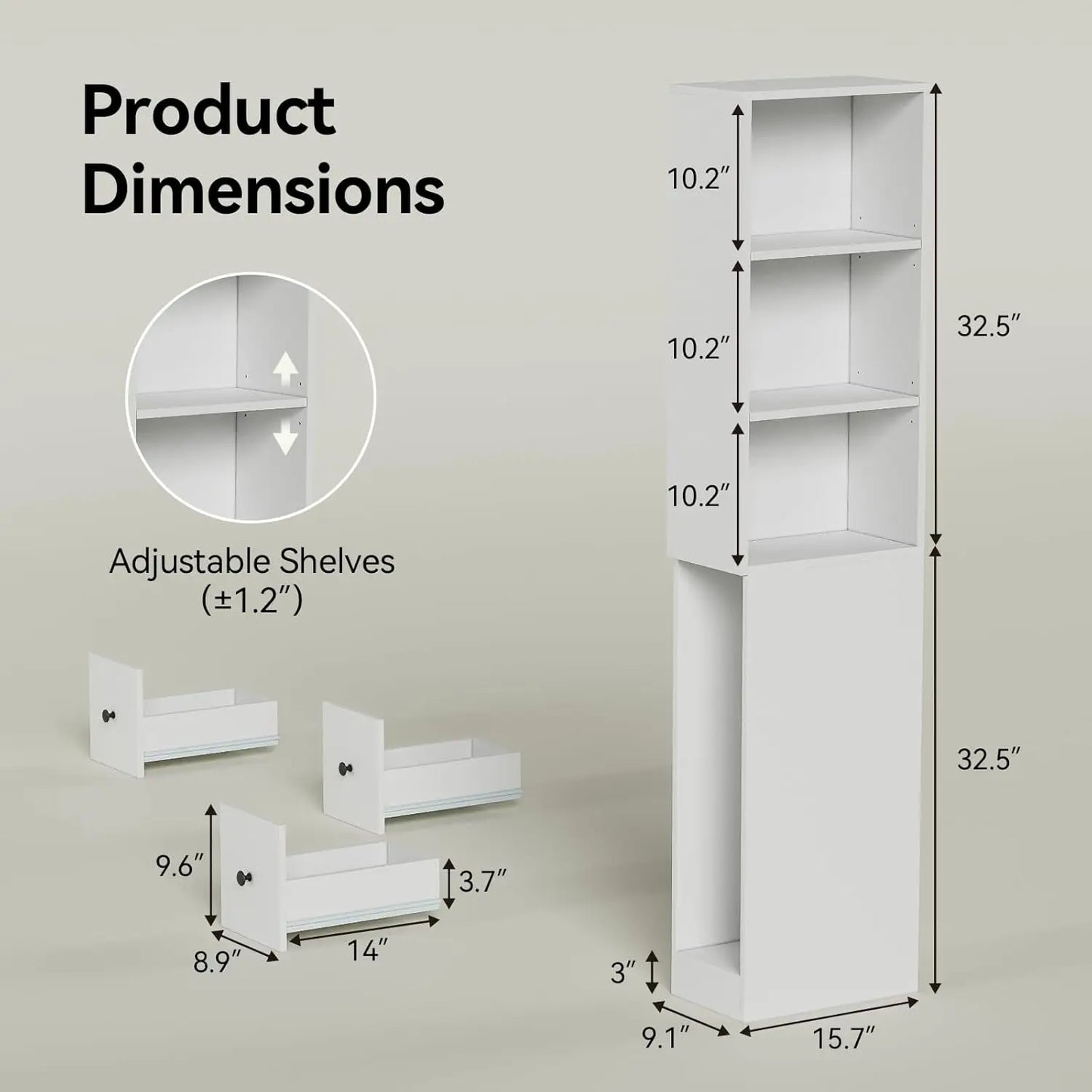 Tall Narrow Bathroom Organizer with 3-Level Adjustable Shelves