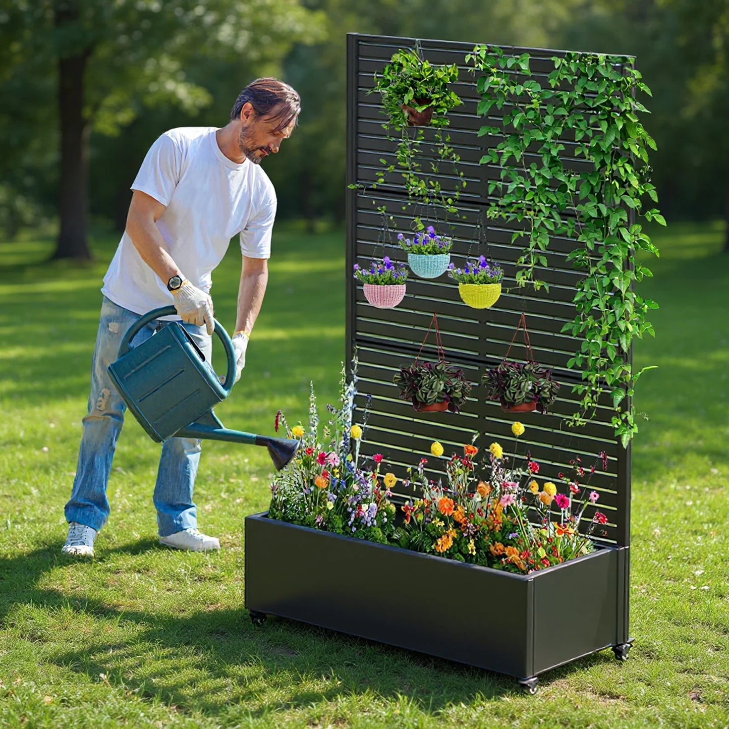 Privacy Screen Planter Box with Trellis & Wheels