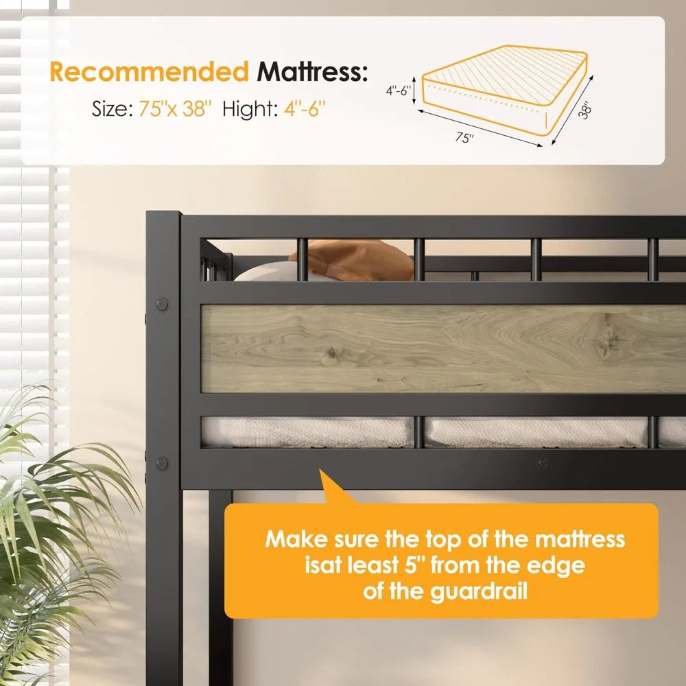 Twin Size Heavy Duty Metal Loft Bed with Stairs, Storage & Large Under-Bed Space