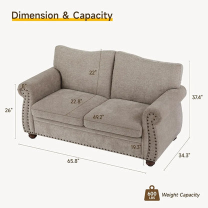 Vintage Chenille Loveseat Sofa 66" with Rolled Arms & Nailhead Trim