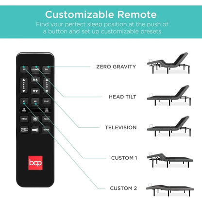 Queen Size Adjustable Bed Frame with Wireless Remote, Massager, USB Ports & Nightlight
