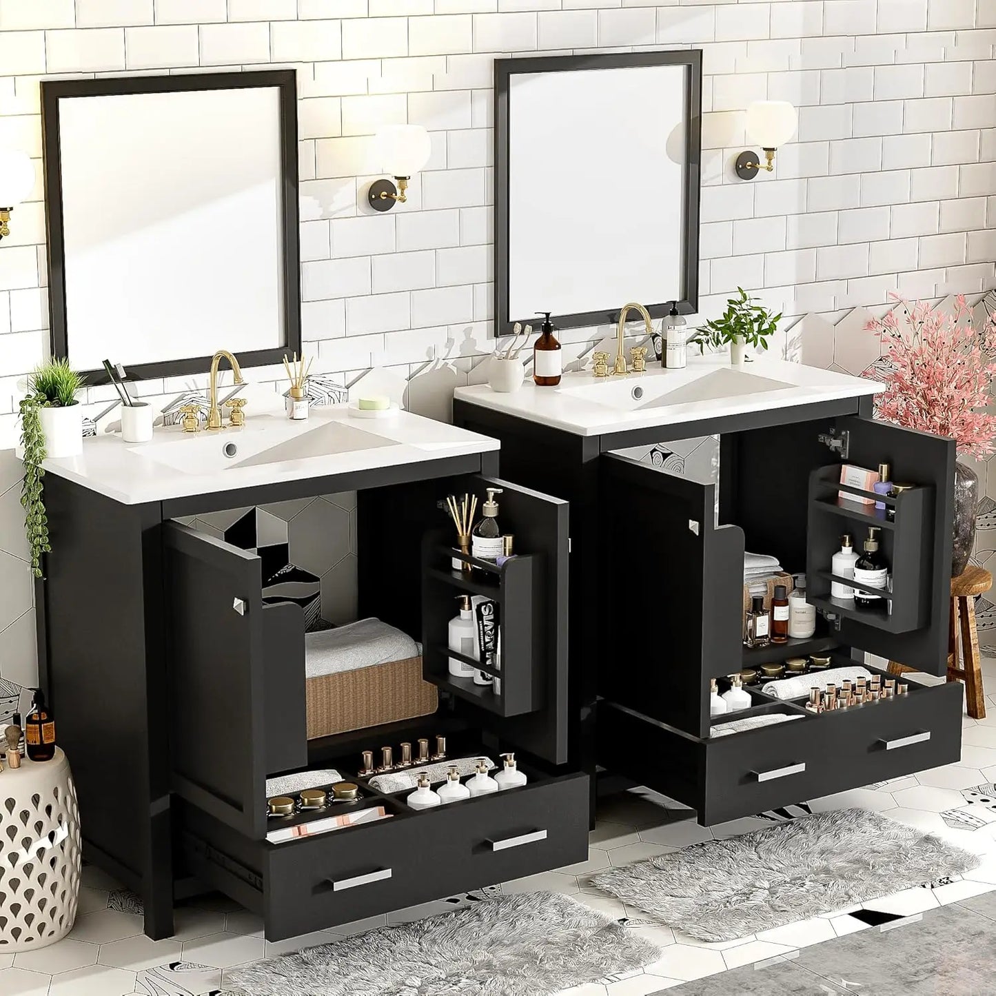 60" Double Sink Bathroom Vanity, Solid Wood Cabinet Storage Drawers