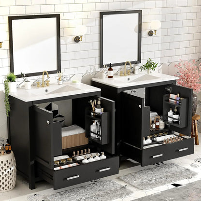 60" Double Sink Bathroom Vanity, Solid Wood Cabinet Storage Drawers
