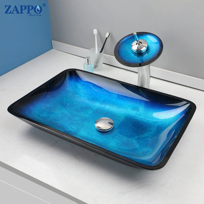 Tempered Glass Bathroom Vessel Sink with Waterfall