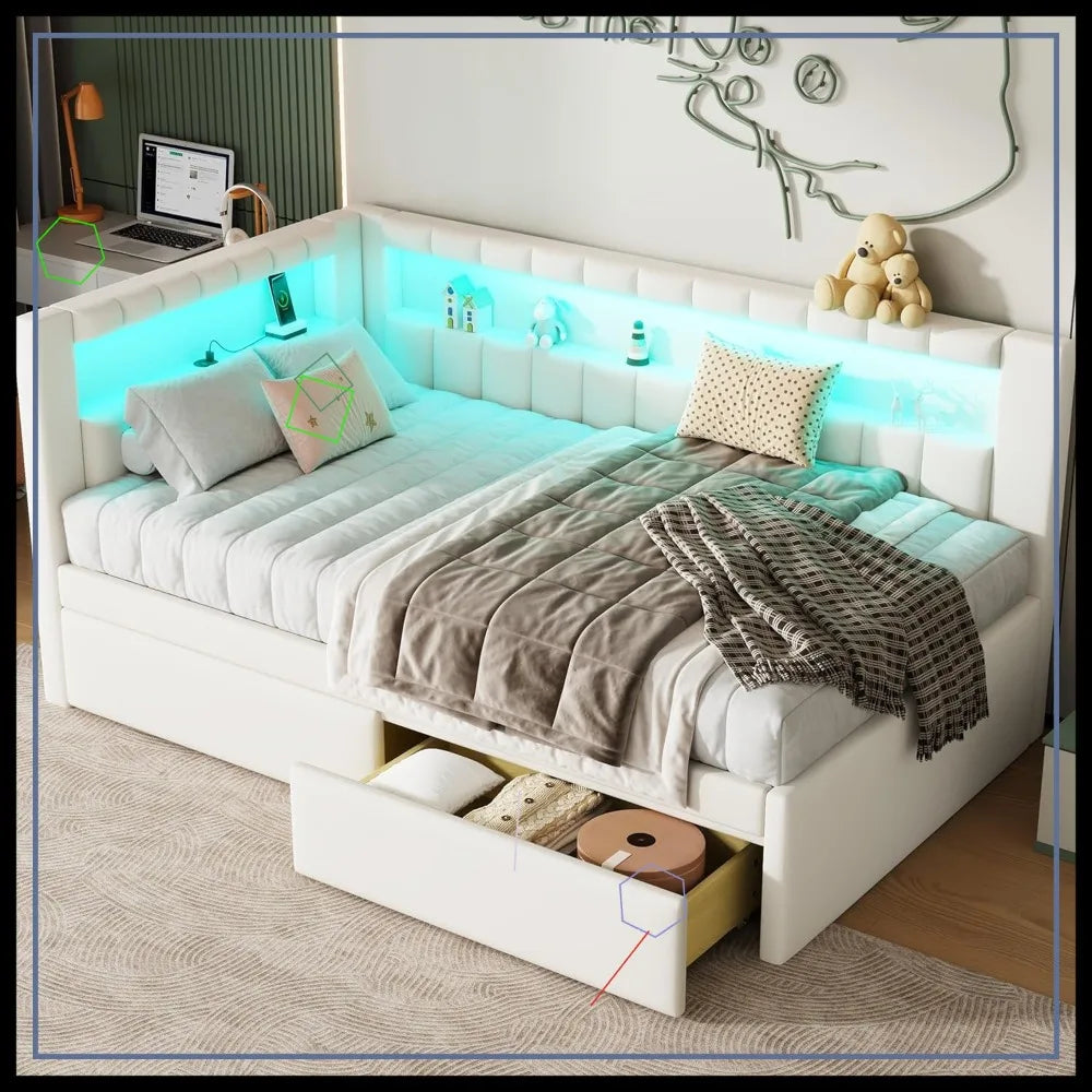Modern Upholstered Platform Bed Frame with USB Ports & Storage Drawers