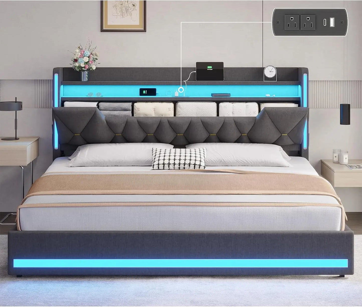 LED King Bed Frame with Charging Station & Storage Headboard
