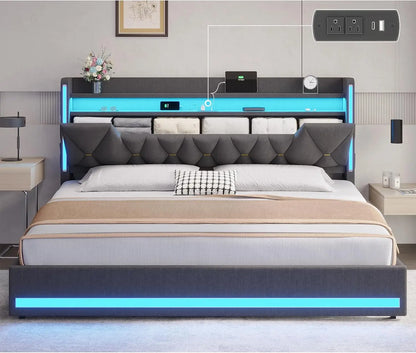LED King Bed Frame with Charging Station & Storage Headboard