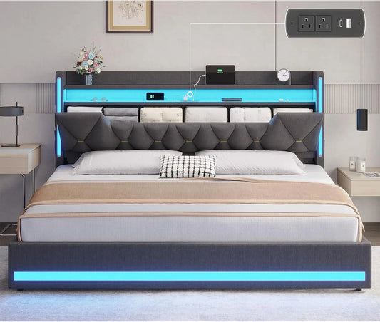 LED King Bed Frame with Charging Station & Storage Headboard