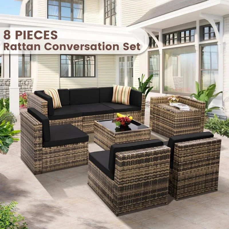 8 Piece Outdoor Wicker Patio Furniture Sectional Set With Glass Top Table