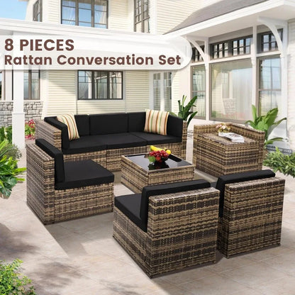8 Piece Outdoor Wicker Patio Furniture Sectional Set With Glass Top Table