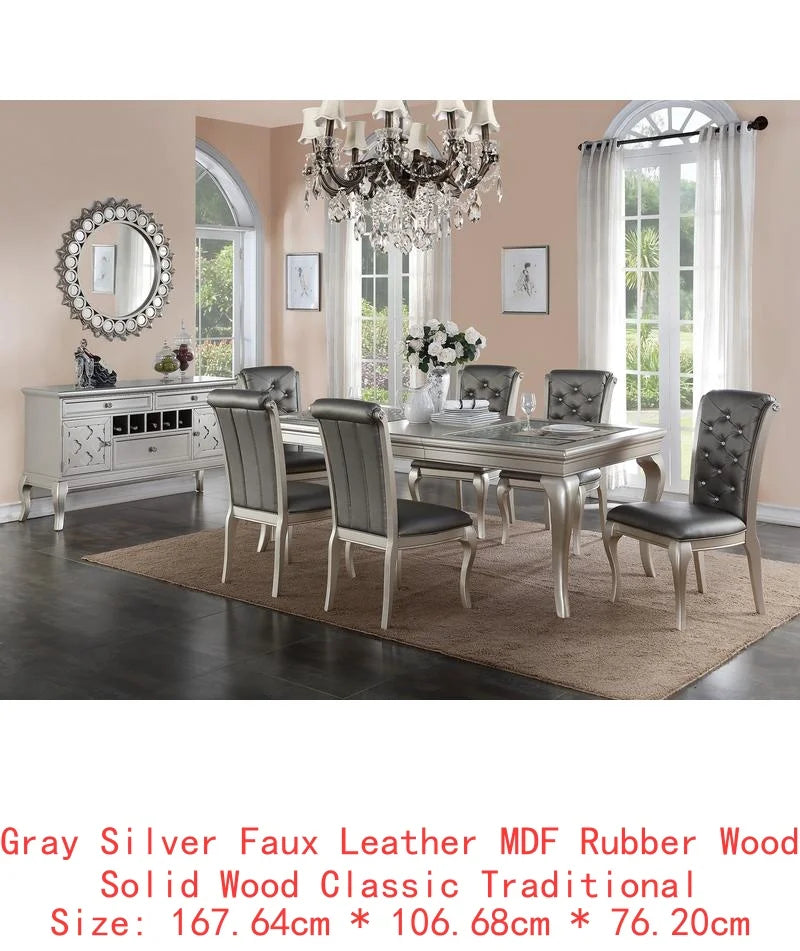 7pc Rect. Glass Dining Table w/ Silver Hue & 6 Tufted Chairs