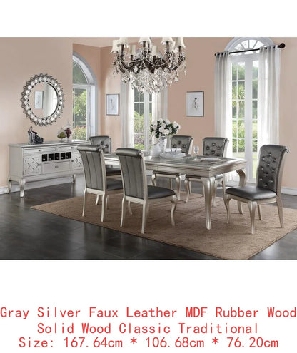 7pc Rect. Glass Dining Table w/ Silver Hue & 6 Tufted Chairs