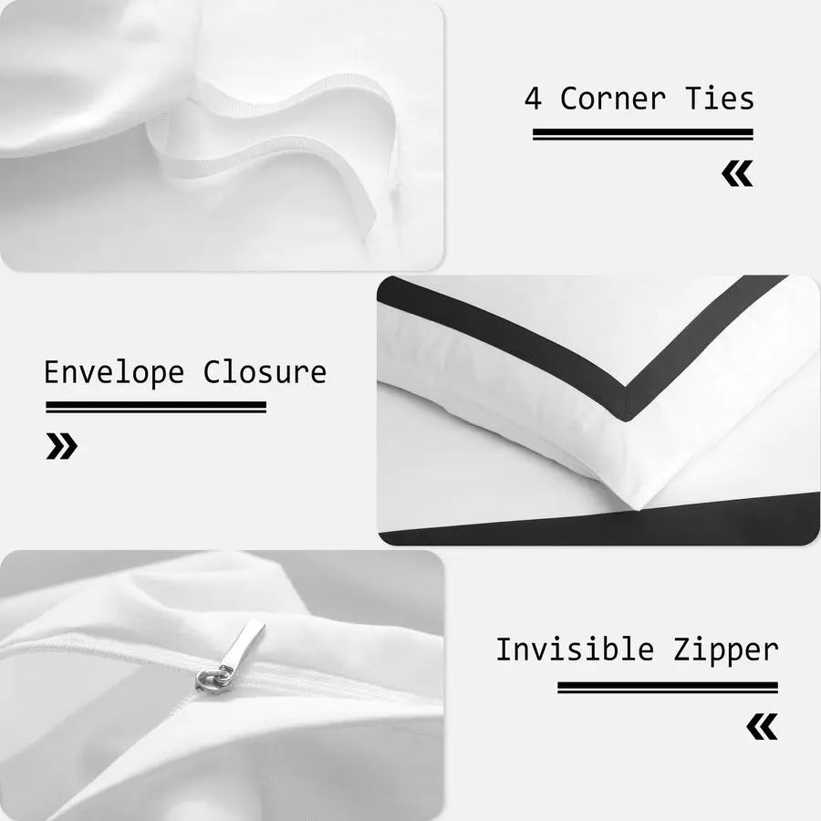 Hotel Duvet Cover Set Queen Size 3Pcs Microfiber Black Line Pattern